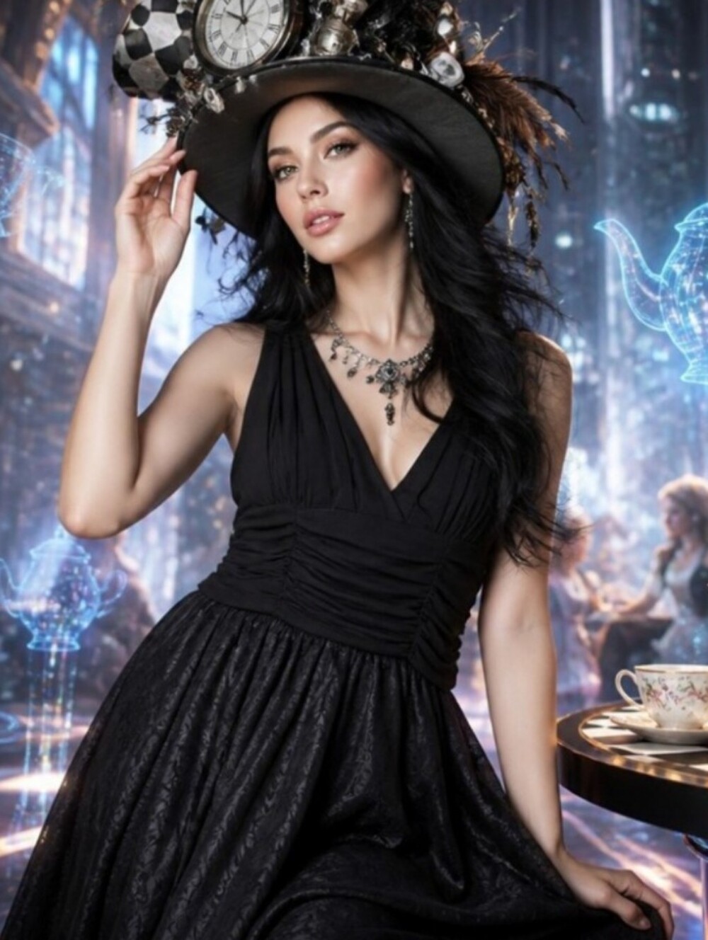 S.L. Fashions Black V-Neck Ruched Waist Evening Dress